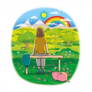 Une femme est assise sur un banc face à un paysage coloré et dans le ciel il y a un beau soleil. Au loin il y a des montagnes et derrière eux un arc-en-ciel. Sa veste est drapée sur le banc et par terre se repose un personnage qui répresente sa part sécure. A woman is sitting on a bench facing a colorful landscape.