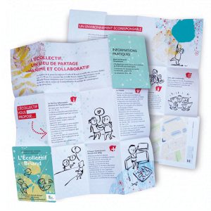 Brochure d'information pliée avec des dessins colorés pour un lieu de partage. Le ton est ludique et axé sur la communauté. Leaflet with colorful drawings for a collective space.